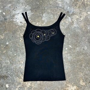 Black Beaded Rosette Knit Tank Top